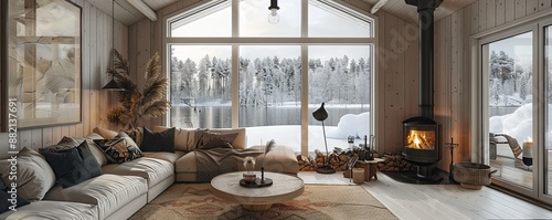 Scandinavian cabin with cozy decor.