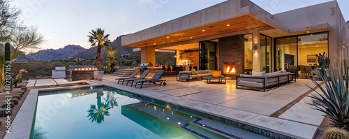 Contemporary desert retreat with a pool and fire pit. photo