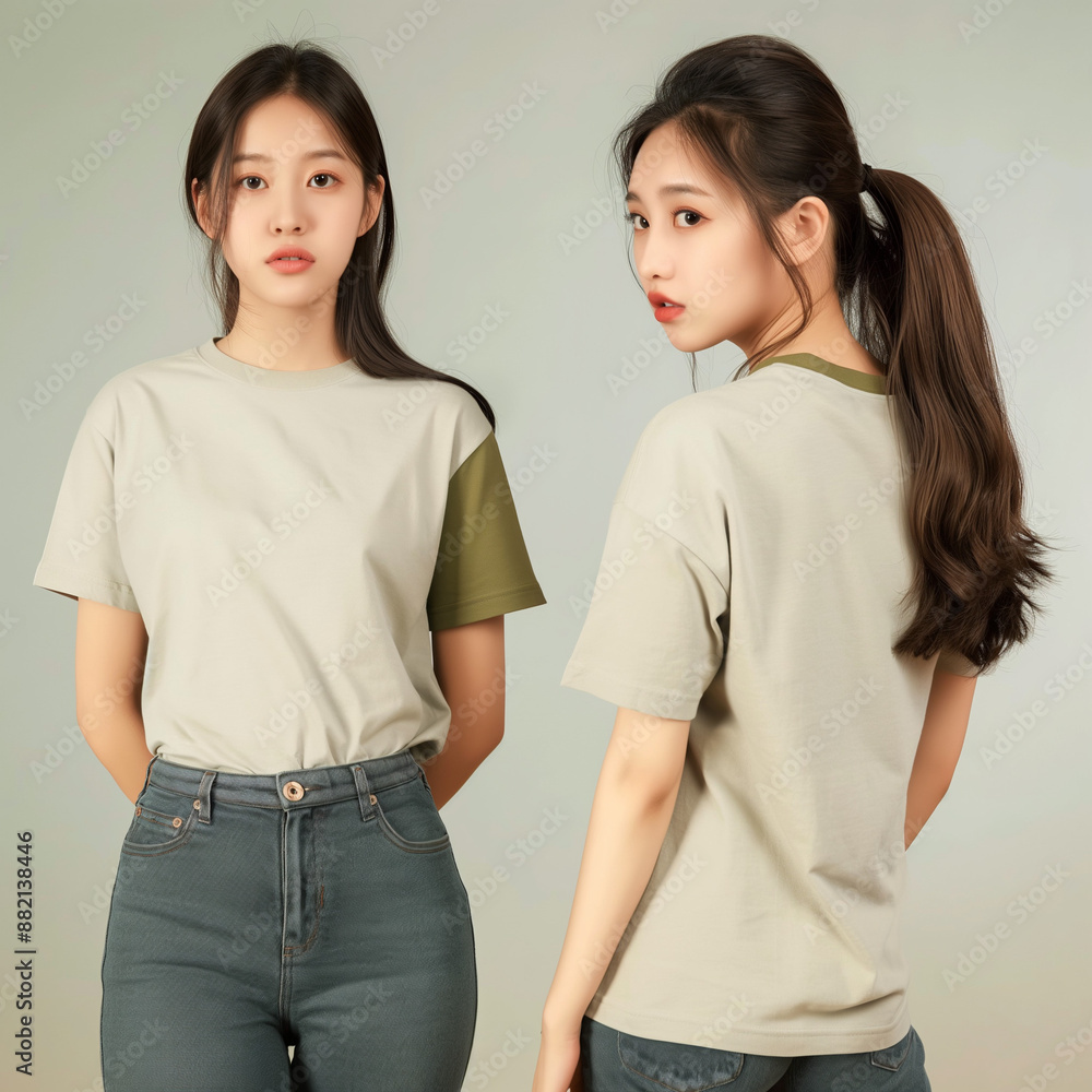 mockup of plain t-shirt worn by asian women in photo of two models mockup of plain t-shirt worn by asian women in photo of two models