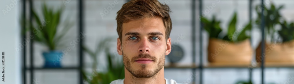 Fototapeta premium Handsome Young Man with Blue Eyes Looking at Camera, Portrait of Attractive Male Model, Youthful Face, Smiling Expression, Closeup Shot, Confident Male, Studio Portrait, Professional Photography, Man