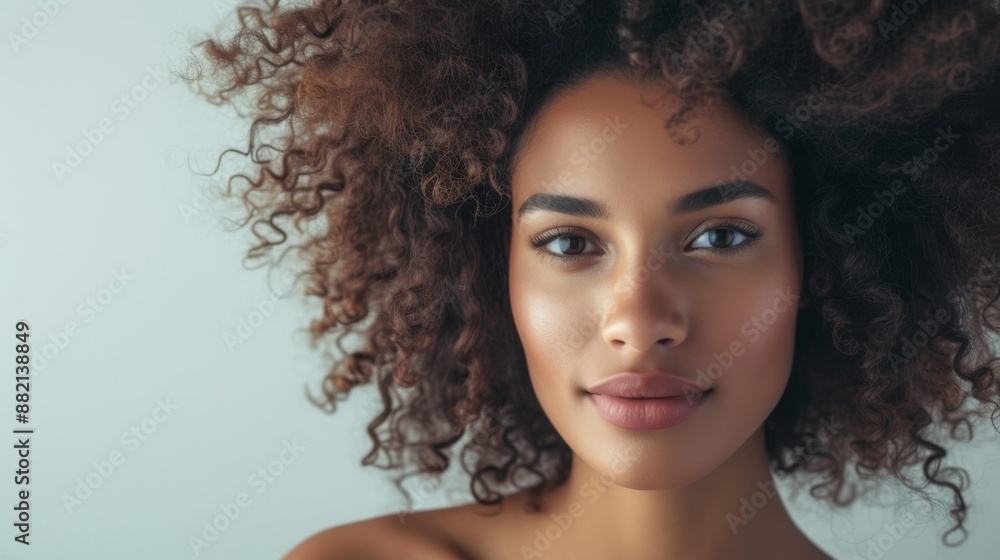 Beautiful woman with a voluminous curly hairstyle, captured with natural lighting and a neutral background Beautiful woman with a voluminous curly hairstyle, captured with natural lighting and a neutral background
