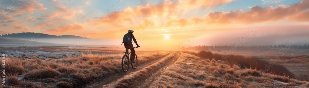Obraz premium Male Cyclist Riding Through a Misty Dawn Landscape on His Bike, Early Morning Cycling Adventure with Golden Sunlight