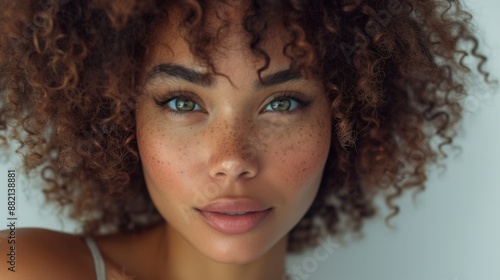 Wallpaper Mural Beautiful woman with a voluminous curly hairstyle, captured with natural lighting and a neutral background Torontodigital.ca