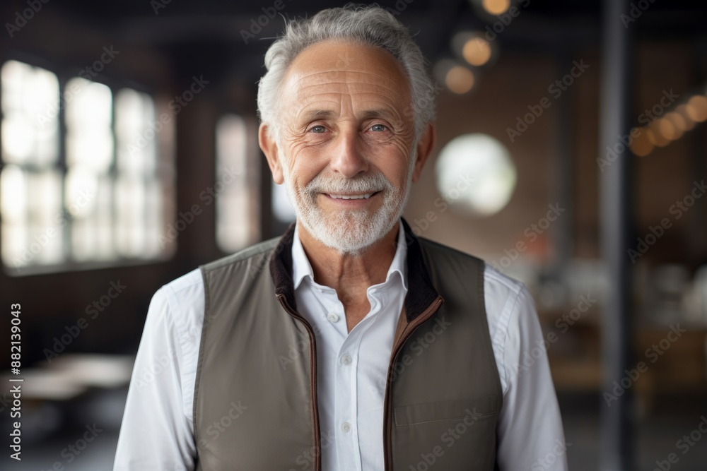 Portrait of a happy man in his 70s dressed in a breathable mesh vest isolated on empty modern loft background Portrait of a happy man in his 70s dressed in a breathable mesh vest isolated on empty modern loft background