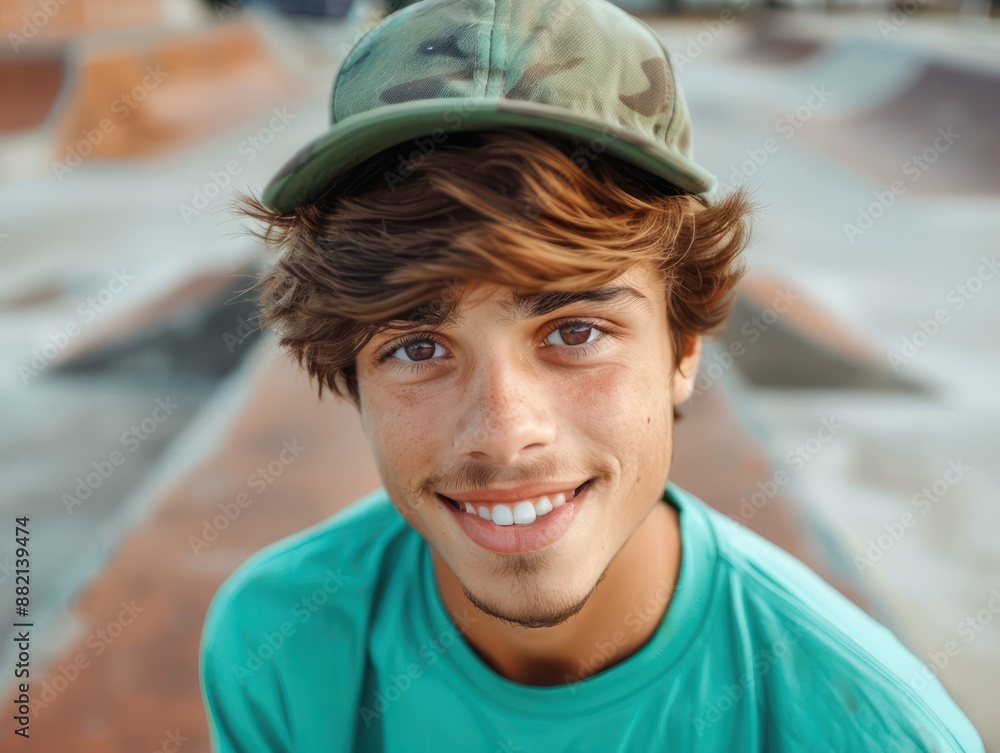 Smiling Young Man in Green Shirt and Camo Hat, Happy, Friendly, Energetic, and Confident, Portrait of a Lively Youth, Perfect for Websites, Social Media, and Marketing Materials Smiling Young Man in Green Shirt and Camo Hat, Happy, Friendly, Energetic, and Confident, Portrait of a Lively Youth, Perfect for Websites, Social Media, and Marketing Materials