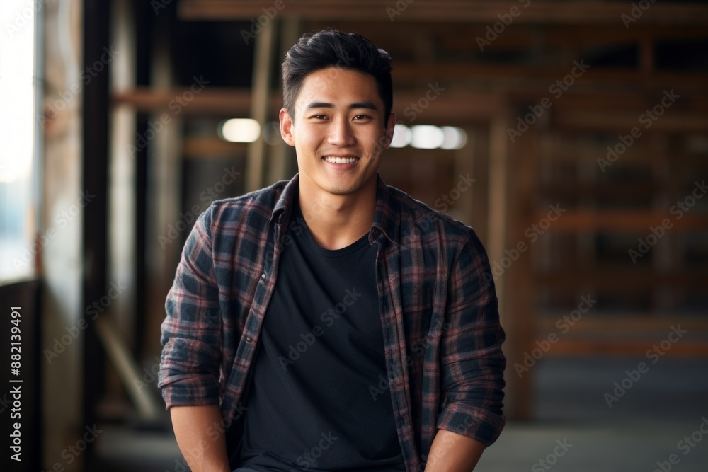 Portrait of a smiling asian man in his 20s wearing a comfy flannel shirt over empty modern loft background Portrait of a smiling asian man in his 20s wearing a comfy flannel shirt over empty modern loft background
