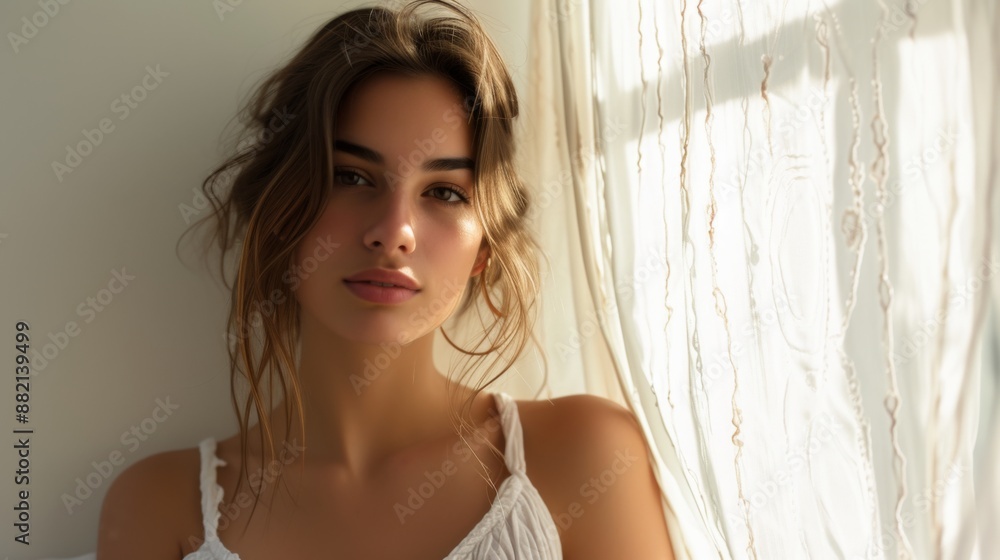 Fototapeta premium Young beautiful woman, captured with soft lighting and a light background