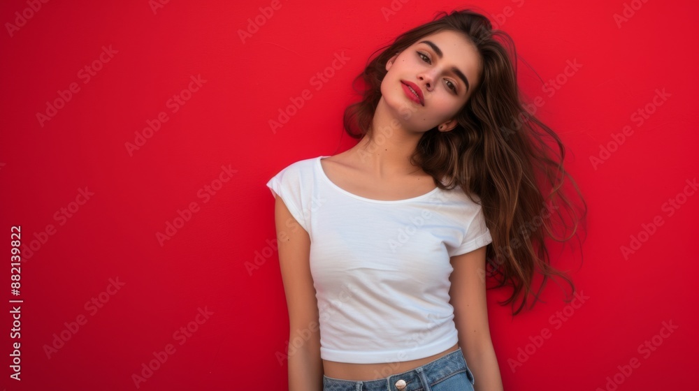 Beautiful girl standing against a red background Beautiful girl standing against a red background