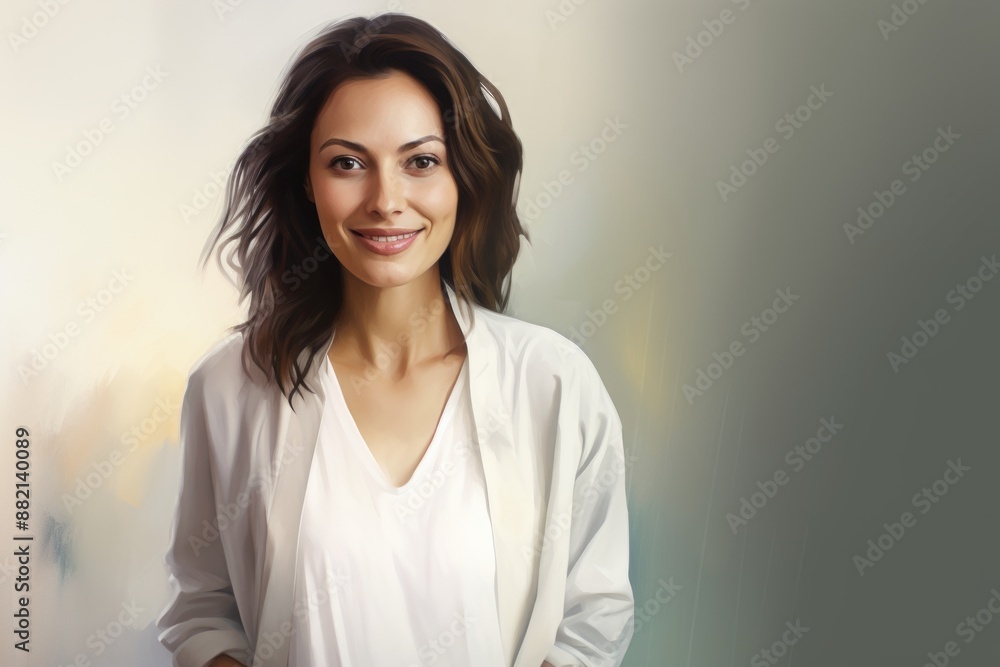 Portrait of a grinning woman in her 30s wearing a chic cardigan in plain white digital canvas Portrait of a grinning woman in her 30s wearing a chic cardigan in plain white digital canvas