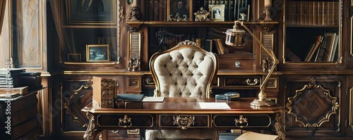 Regal office with antique decor and a plush chair.