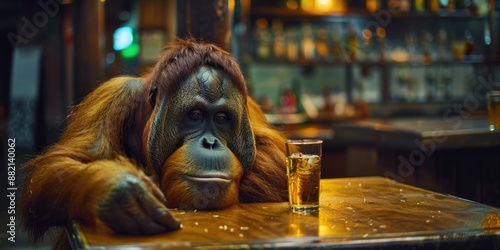 Orangutan sipping beer