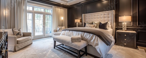Elegant bedroom with custom millwork and luxurious bedding.