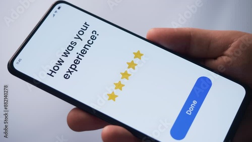 Giving five star rating review online. Excellent customer experience evaluation. Fictional Interface.