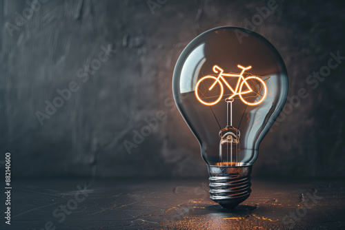 Concept of Eco-Friendly Transportation: A glowing bicycle inside a lightbulb on a dark background