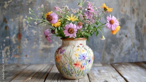Rustic Floral Arrangement in Hand-Painted Ceramic Vase on Wooden Table