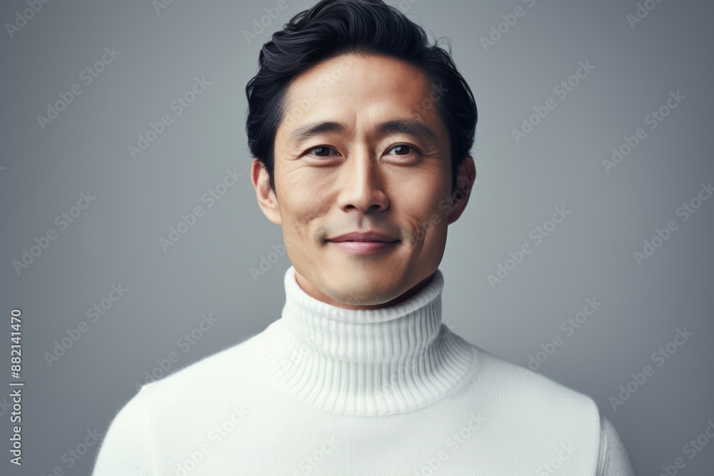Obraz premium Portrait of a blissful asian man in his 30s wearing a classic turtleneck sweater in plain white digital canvas