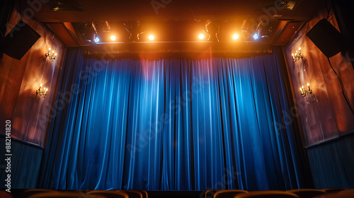 A cinema screen with drawn blue velvet curtains, creating an elegant and dramatic atmosphere. The rich texture and deep color of the curtains enhance the sense of anticipation and luxury