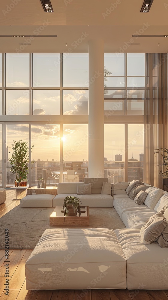 Fototapeta premium Stylish urban apartment with large windows.