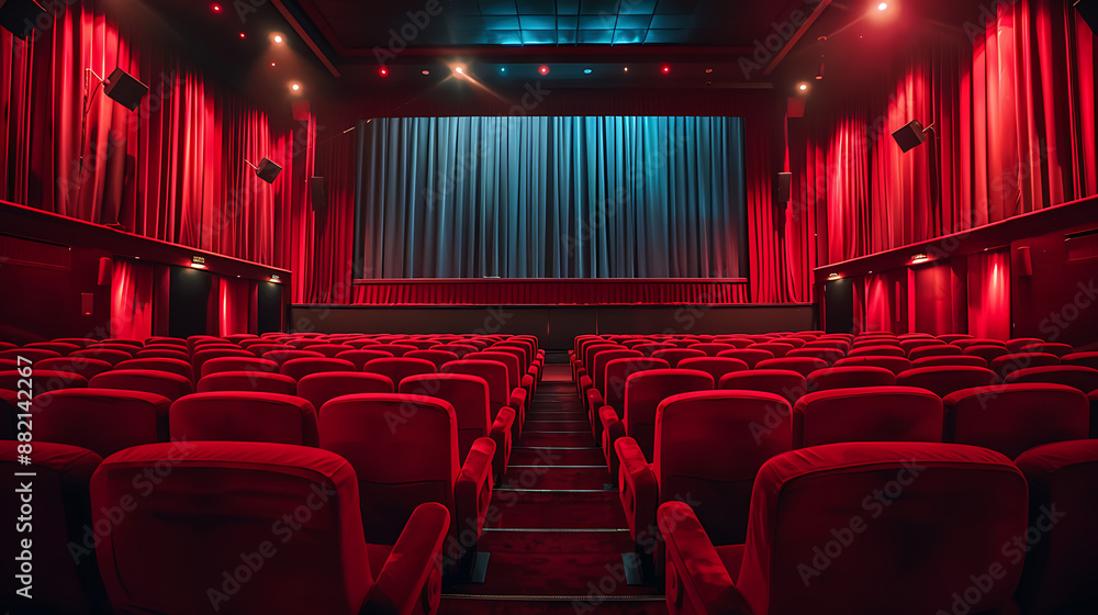 Fototapeta premium Elegant cinema hall featuring rich red velvet curtains and matching red seating, creating a luxurious and classic ambiance for moviegoers. Ideal for capturing the essence of vintage cinema experiences
