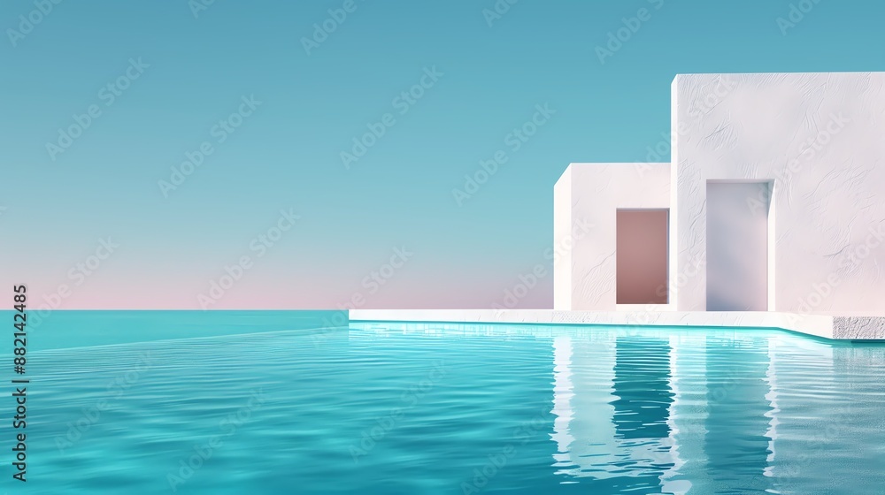 Fototapeta premium Modern minimalist white architecture with an infinity pool overlooking a serene turquoise ocean under a clear blue sky.
