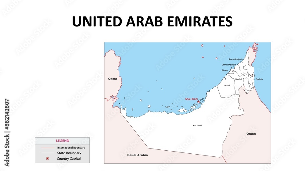 United Arab Emirates Map. State map of United Arab Emirates. Administrative map of United Arab Emirates with State and capital in white color. United Arab Emirates Map. State map of United Arab Emirates. Administrative map of United Arab Emirates with State and capital in white color.