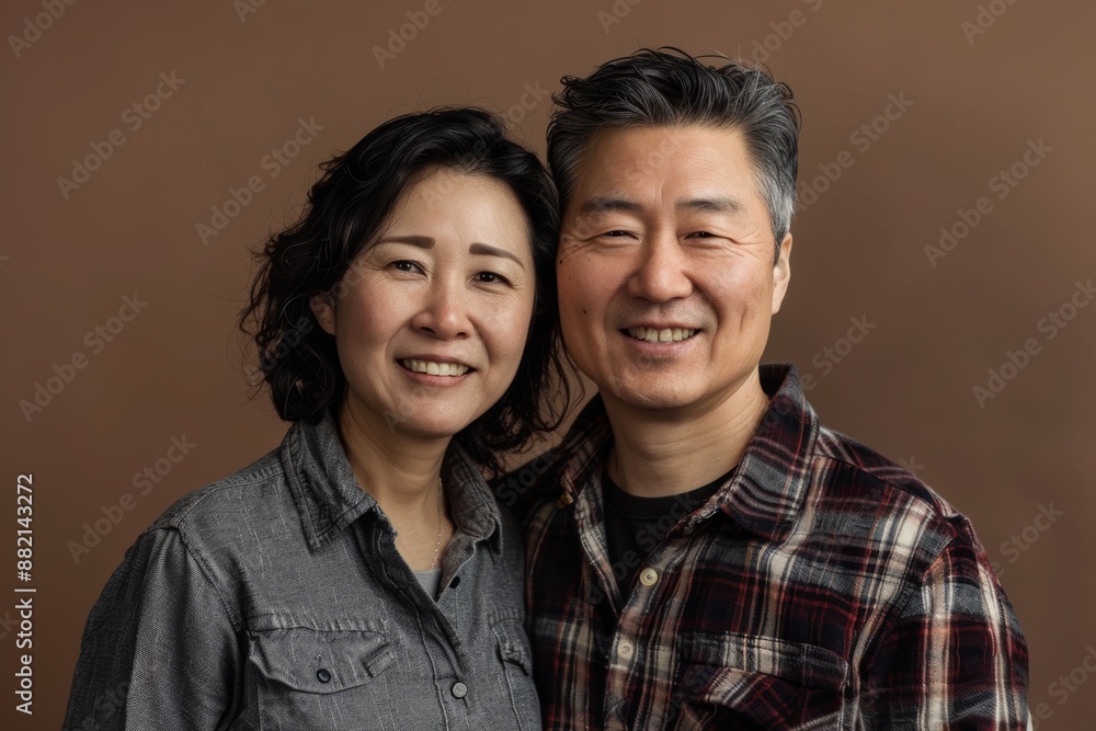 Portrait of a glad asian couple in their 30s dressed in a relaxed flannel shirt isolated on soft brown background Portrait of a glad asian couple in their 30s dressed in a relaxed flannel shirt isolated on soft brown background