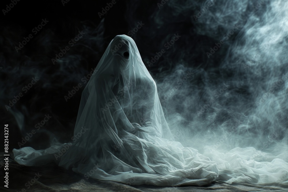 A spooky ghost floating in the dark. A spooky ghost floating in the dark.