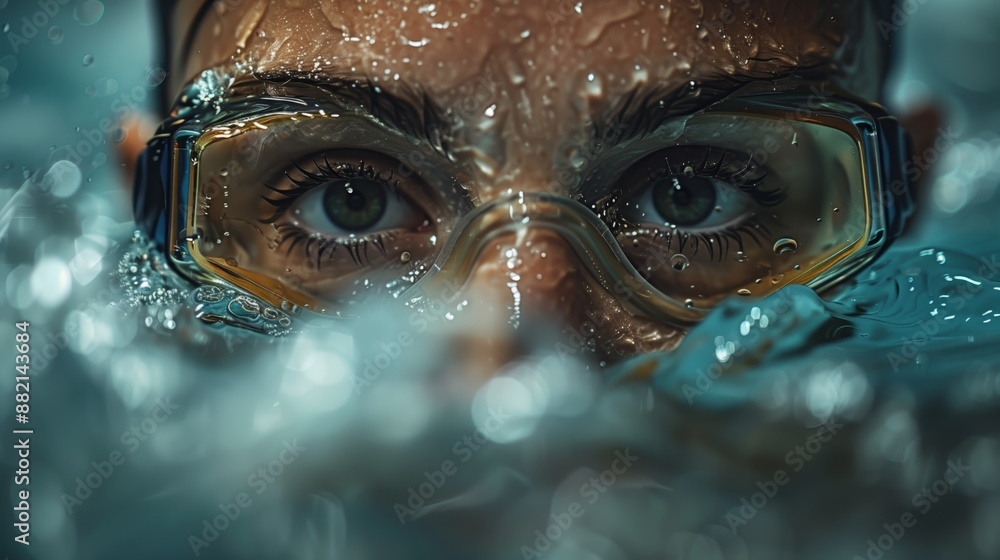 A focused female swimmer with goggles emerges from the turquoise waters of a swimming pool, showcasing strength and determination. A focused female swimmer with goggles emerges from the turquoise waters of a swimming pool, showcasing strength and determination.