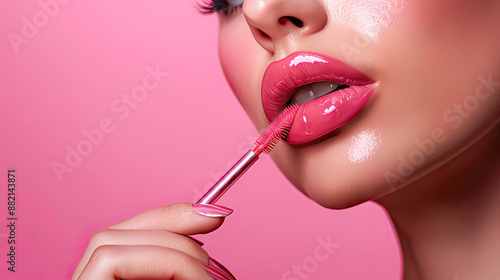 Woman applying lip gloss on pink background, closeup. Space for text.Generative AI © ZzGooggiigz