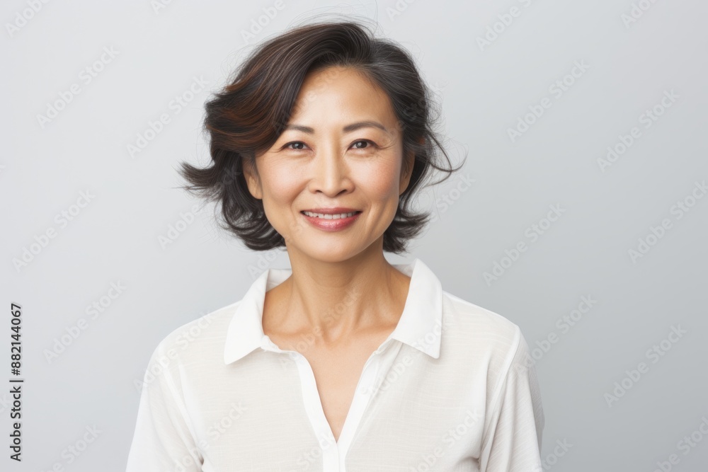 Portrait of a grinning asian woman in her 50s wearing a simple cotton shirt isolated in plain white digital canvas Portrait of a grinning asian woman in her 50s wearing a simple cotton shirt isolated in plain white digital canvas