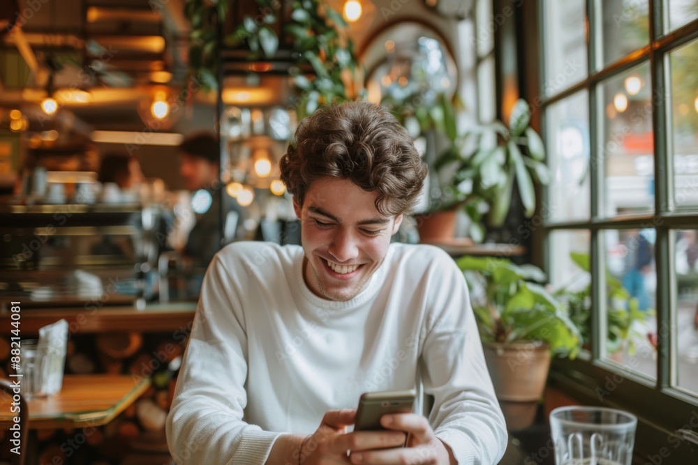 Happy man typing messages on smartphone in cafe. Smiling young man sitting at table using mobile phone Happy man typing messages on smartphone in cafe. Smiling young man sitting at table using mobile phone