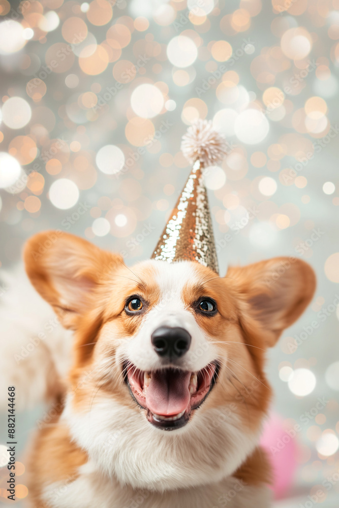 A dog is wearing a gold hat and is smiling A dog is wearing a gold hat and is smiling