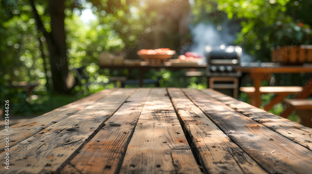 Wood table top on blur abstract green from garden in the morning background.For montage product display or design key visual layout Wood table top on blur abstract green from garden in the morning background.For montage product display or design key visual layout