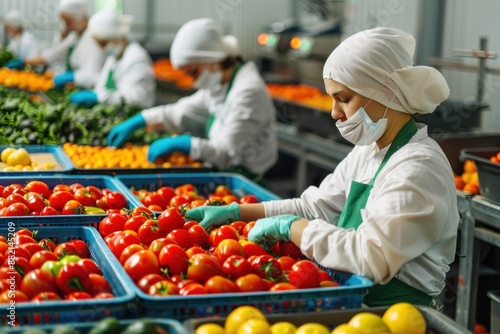 Fototapeta Naklejka Na Ścianę i Meble -  Industrial workers in a food processing plant sorting and packaging fruits and vegetables
