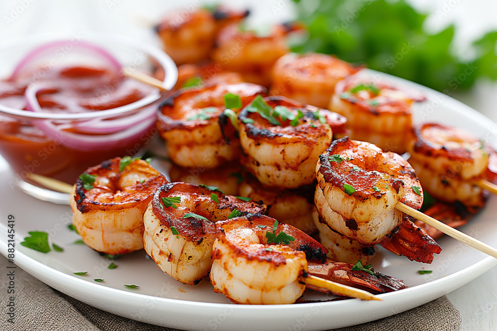 A plate of shrimp skewers with a dipping sauce A plate of shrimp skewers with a dipping sauce