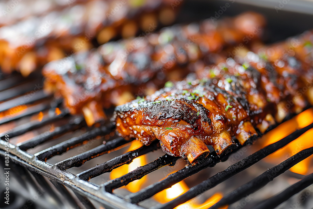 Ribs are being cooked on a grill Ribs are being cooked on a grill