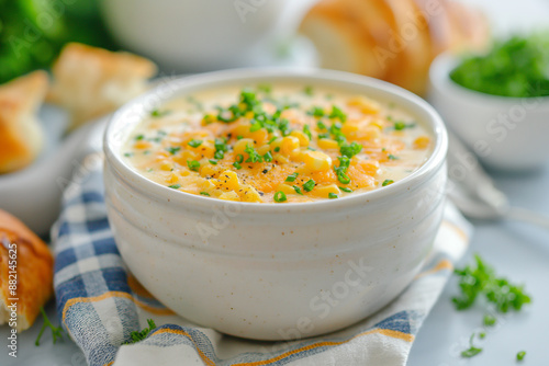 A bowl of creamy corn soup sits on a blue and yellow cloth napkin