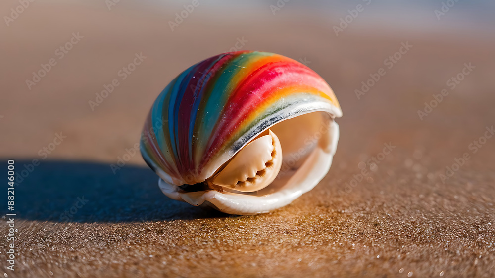 Obraz premium Modern close-up macro shot of a vibrant cowrie shell on a sandy beach background.