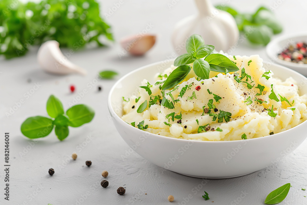 A bowl of mashed potatoes with parsley and pepper on top A bowl of mashed potatoes with parsley and pepper on top