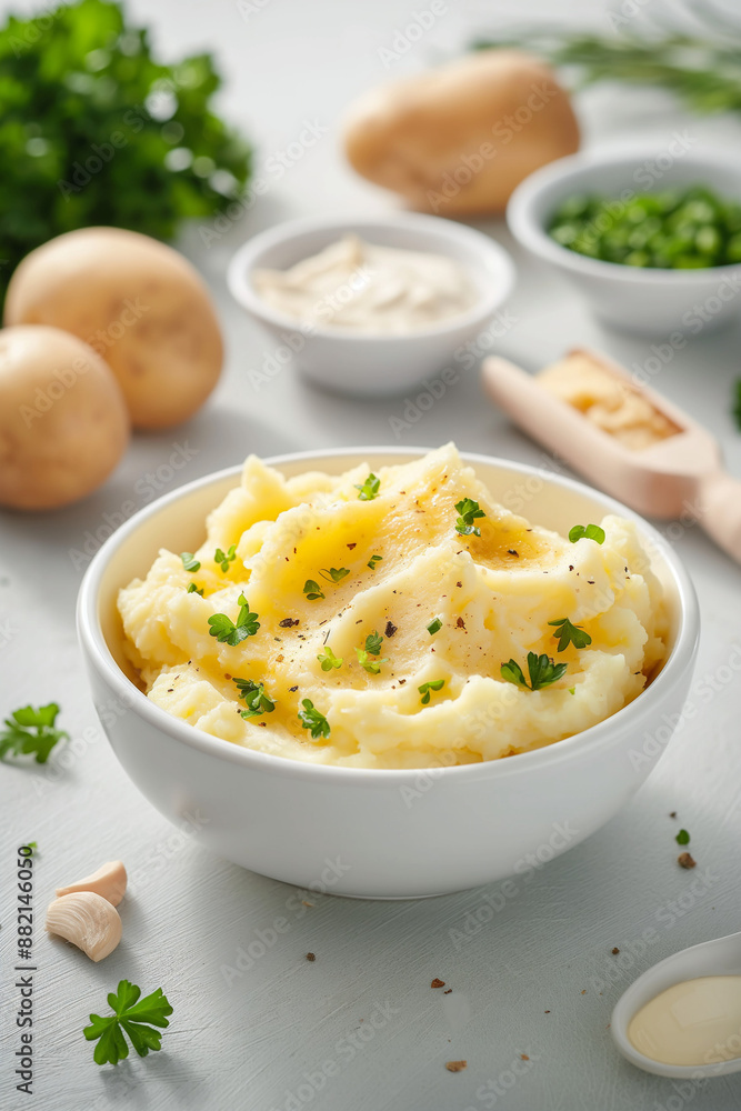 A bowl of mashed potatoes with parsley and pepper on top A bowl of mashed potatoes with parsley and pepper on top