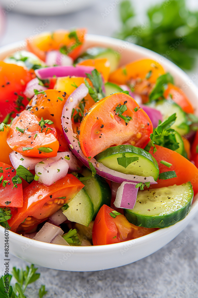 A bowl of salad with tomatoes, cucumbers, and onions A bowl of salad with tomatoes, cucumbers, and onions