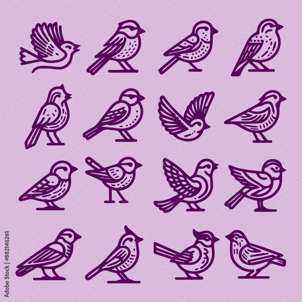 Discover a stunning collection of bird line icons and logos on a minimalistic background. This vector illustration features elegant, intricate designs of various bird species, perfect for branding Discover a stunning collection of bird line icons and logos on a minimalistic background. This vector illustration features elegant, intricate designs of various bird species, perfect for branding