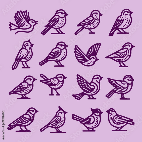 Discover a stunning collection of bird line icons and logos on a minimalistic background. This vector illustration features elegant, intricate designs of various bird species, perfect for branding