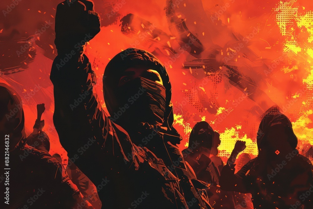 masked protester raising a clenched fist against a fiery red background ...