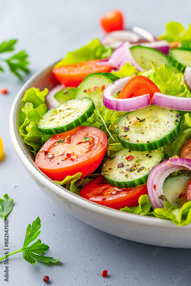 A bowl of salad with tomatoes, cucumbers, and onions A bowl of salad with tomatoes, cucumbers, and onions