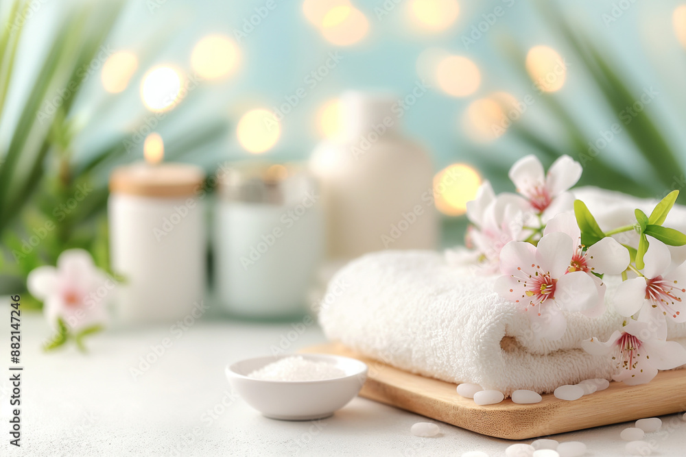 A white towel is on a wooden tray with a few pebbles and a small bowl A white towel is on a wooden tray with a few pebbles and a small bowl