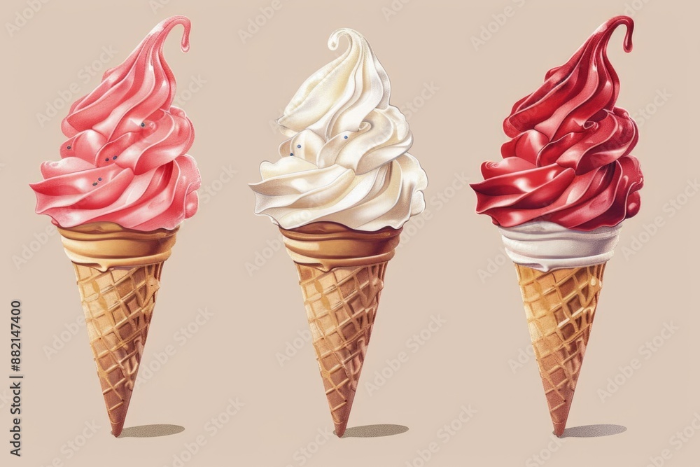 Three ice cream cones with different flavors Three ice cream cones with different flavors