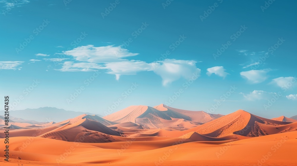 Naklejka premium Vast desert landscape with rolling dunes under a clear blue sky, peaceful and expansive