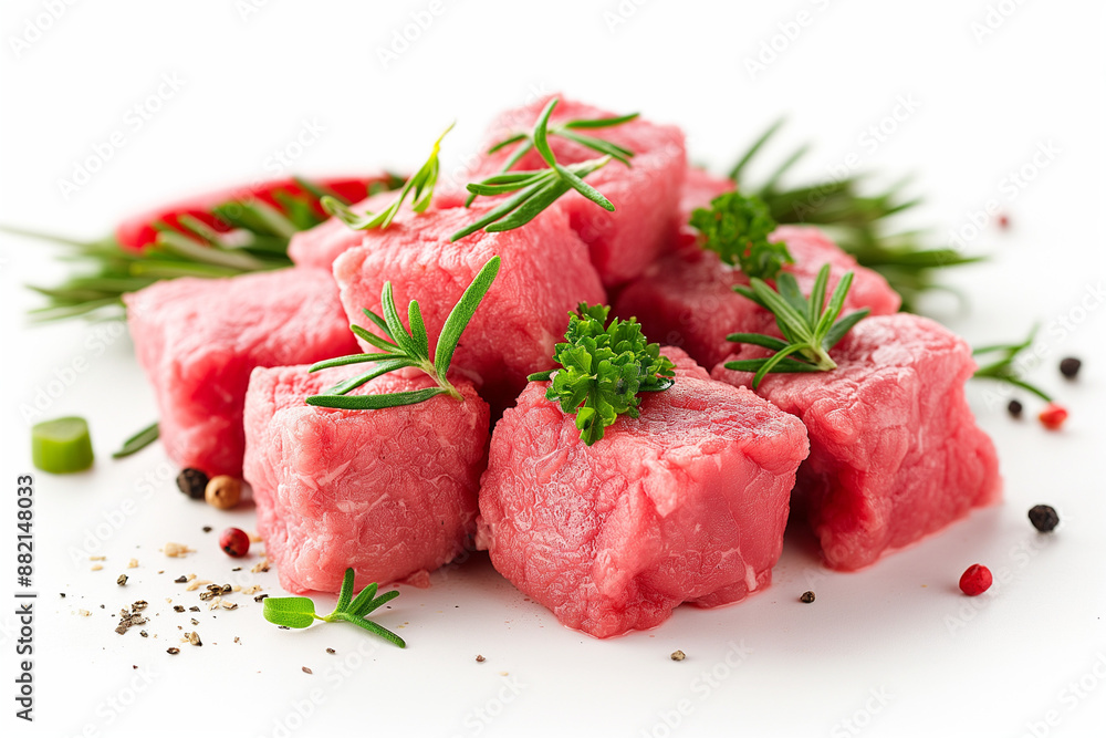A pile of meat with herbs and spices on top