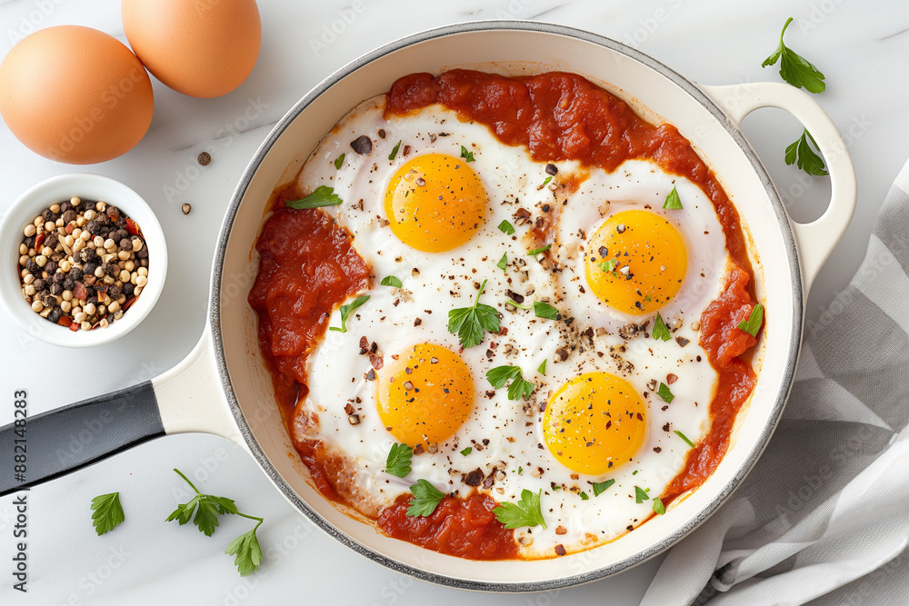 A white pan with four eggs and a red sauce A white pan with four eggs and a red sauce